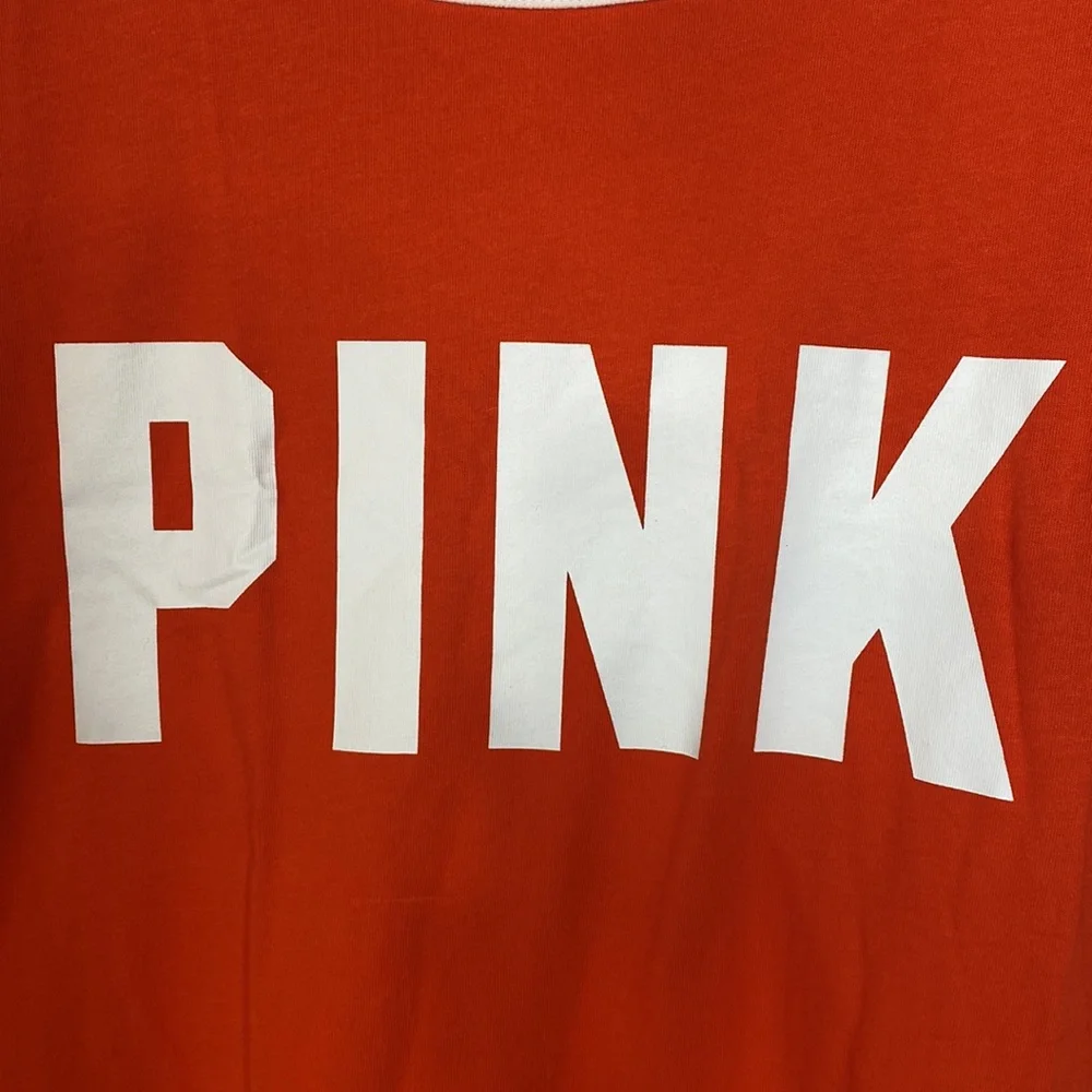 PINK Victorias Secret Short Sleeve Tee Orange White Trim Crew Neck Campus Large - Picture 5 of 9